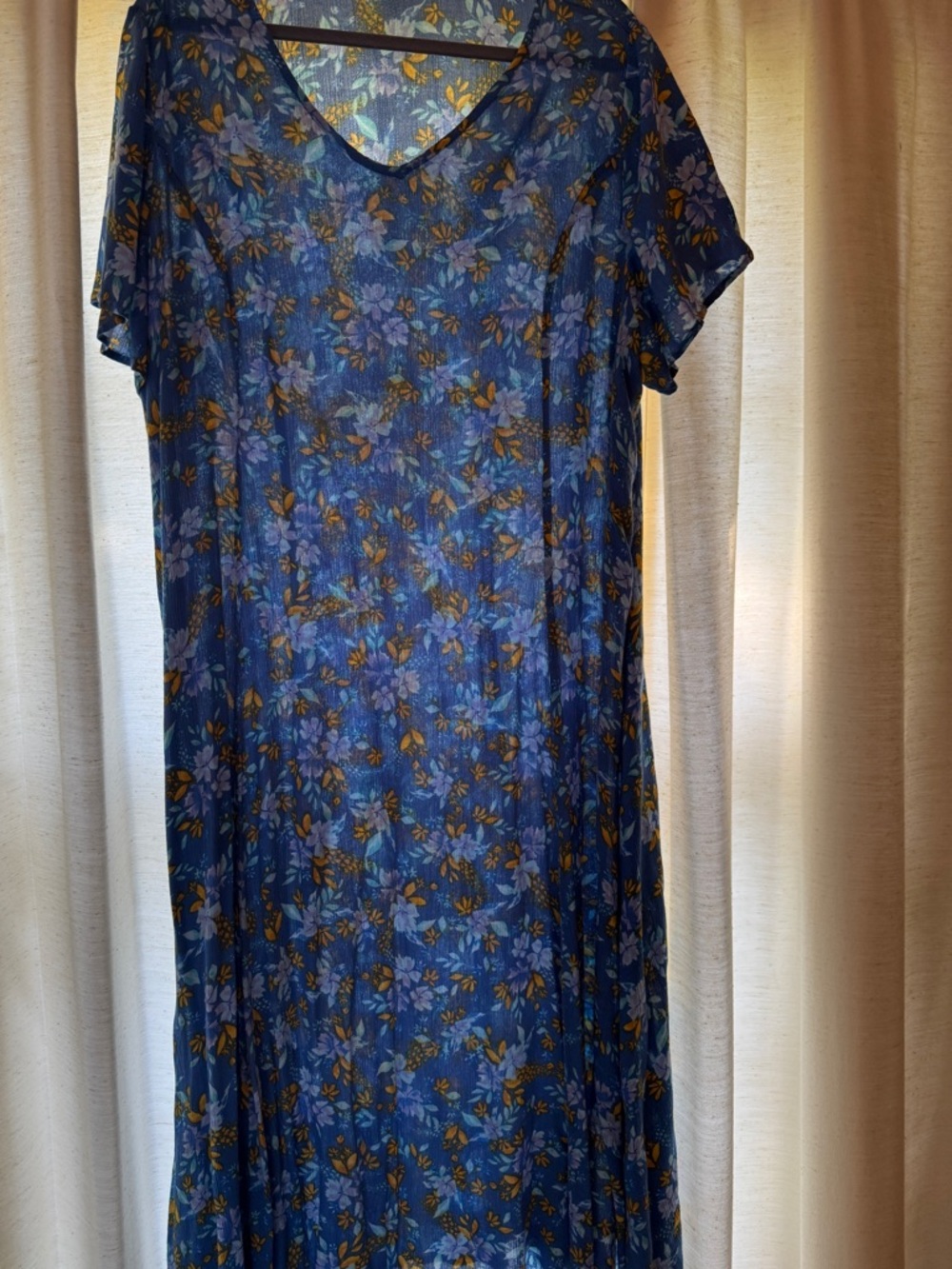Woman Within Blue Floral V-Neck crinkle Maxi Dress with Mustard Accents